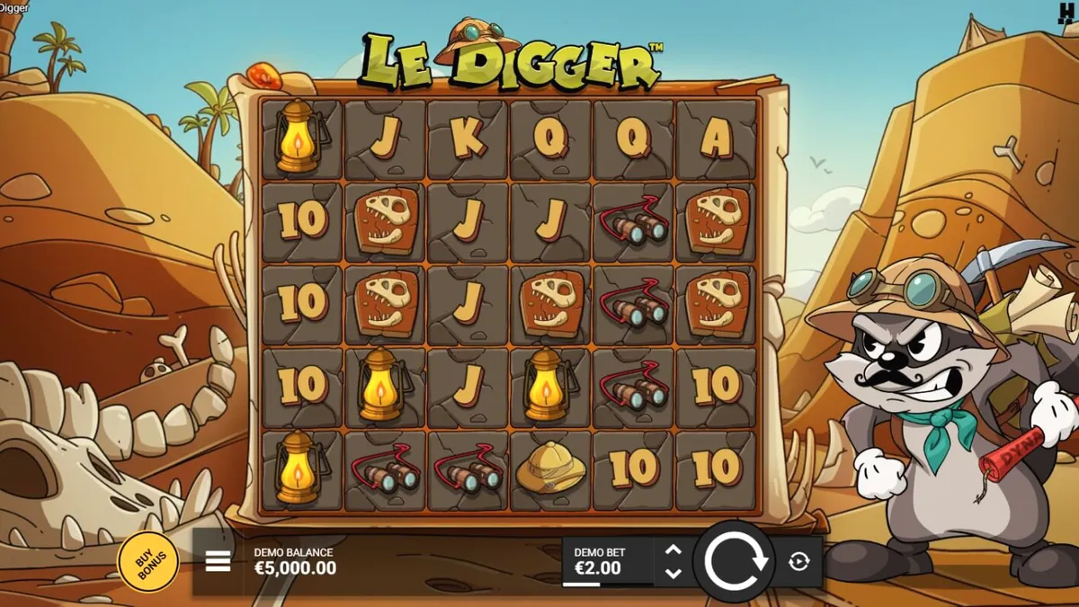 Isang mobile screen na nagpapakita ng Le Digger slot game na may temang Smokey the raccoon.